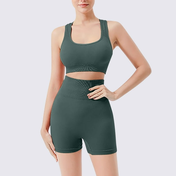 Conjunto de dos piezas de sujetador deportivo con amortiguación para mujer, pantalones cortos deportivos de cintura alta sin costuras y almohadillas para el pecho, ropa moldeadora para mujer