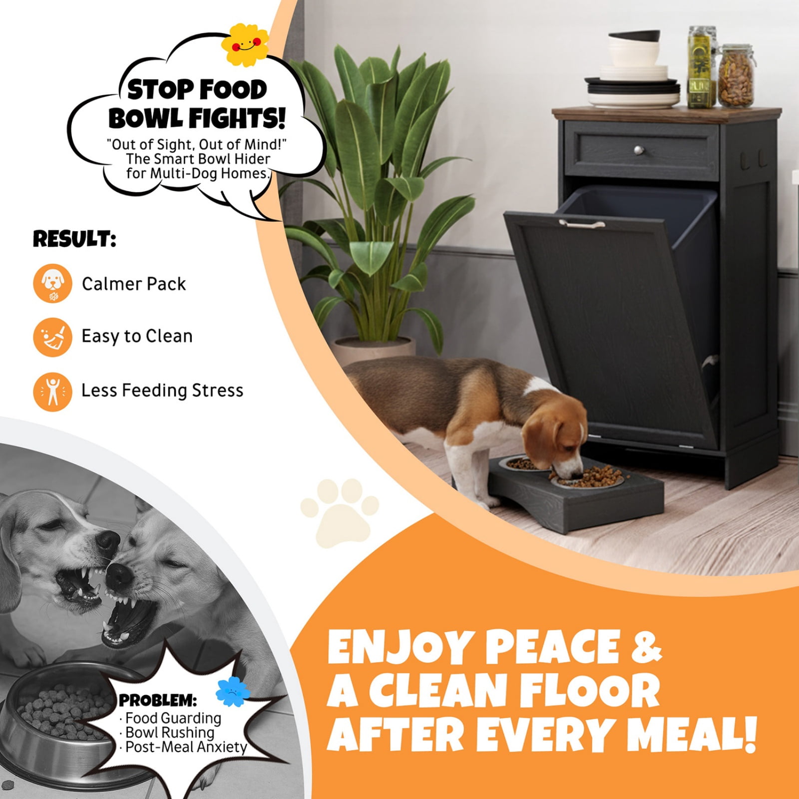 Tilt Out Trash Can Cabinet with Dog Bowl, 10 Gallons Dog Feeding Station with Storage, Dog Food Cabinet with Hideaway Drawer for Kitchen, Living Room,Laundry Room