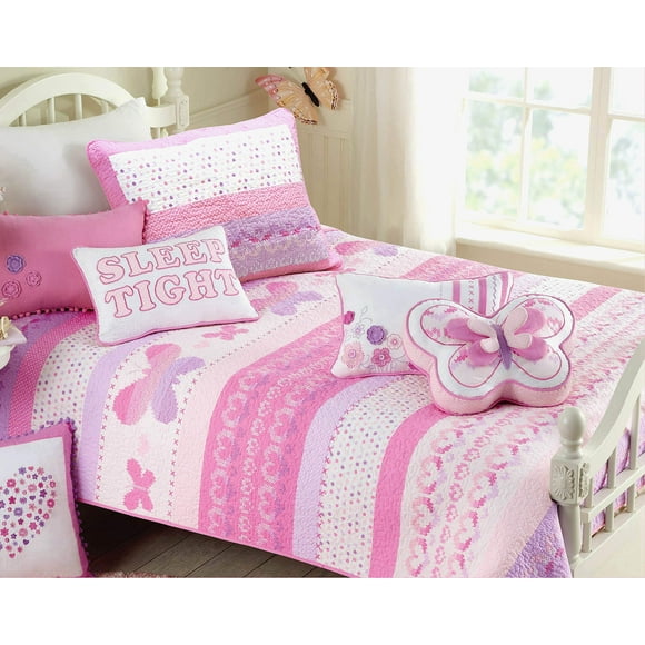 Cozy Line Home Fashions Cute Pink Butterfly Stripe Hearts 100% Cotton Soft Bedding Quilt Set, Coverlet, Bedspread (Queen - 6 Piece)