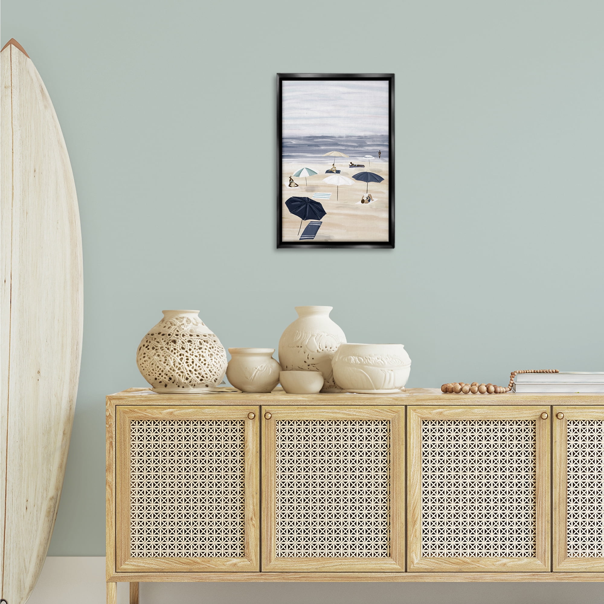 Stupell Industries Beachgoers with Umbrellas Nautical & Beach Painting Black Floater Framed Canvas Art Print Wall Art, 17 x 25