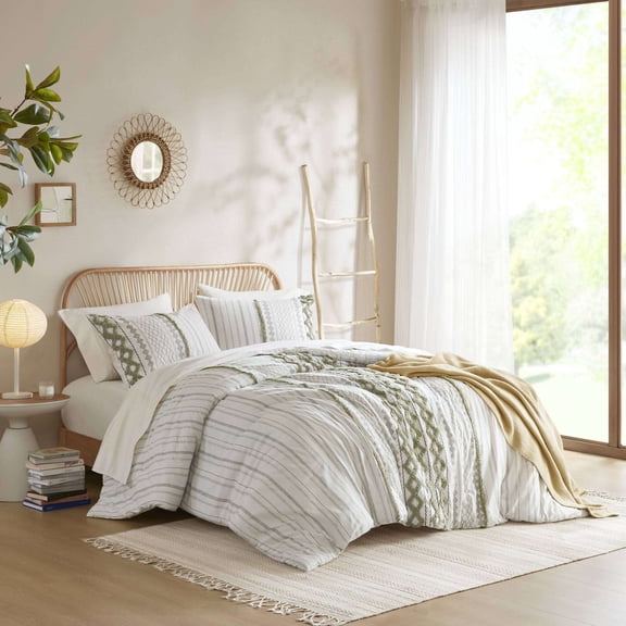Full/Queen 3-Piece Cotton Chenille Comforter Set, Aztec Print Sage/Ivory Bedding with 2 Shams
