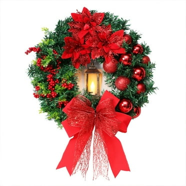 Christmas Wreaths with Lights for Front Door, Merry Christmas Xmas Wreath Bow Pinecone Red Berry Battery Operated Holiday Xmas Decorations Window Outdoor Indoor Home