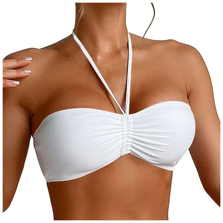 vigerkar Women s Push Up Bikini Tops Halter Drawstring Ruched Solid Swim Bra Padded Beach Bikini Top Back Slim Straps Bathing Suit White  M