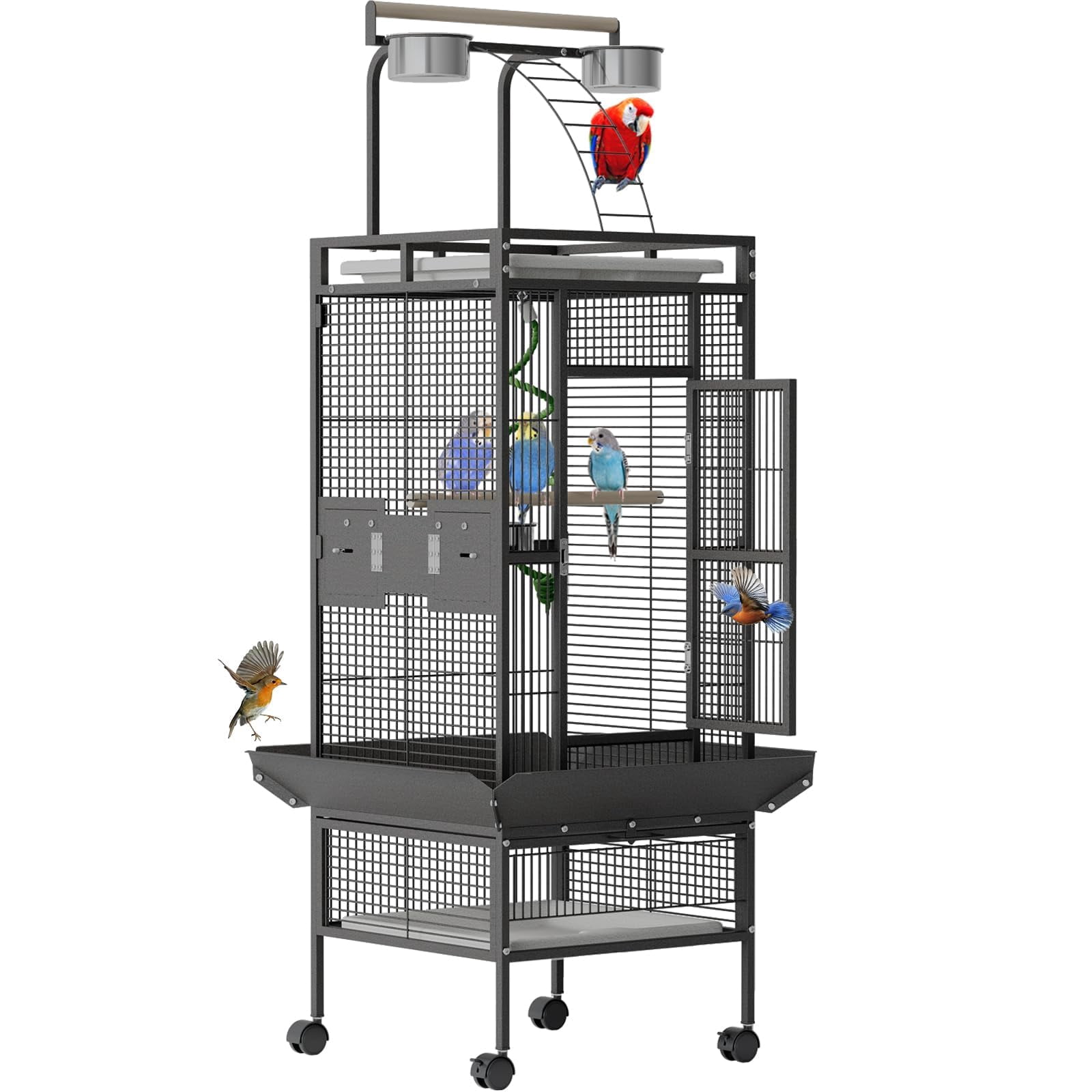 Large 60" Wrought Iron Bird Flight Cage with Rolling Stand & Play Top – Heavy Duty Parrot Cage with 4 Stainless Steel Bowls for African Grey, Cockatiel, Conure, Parakeet, Black