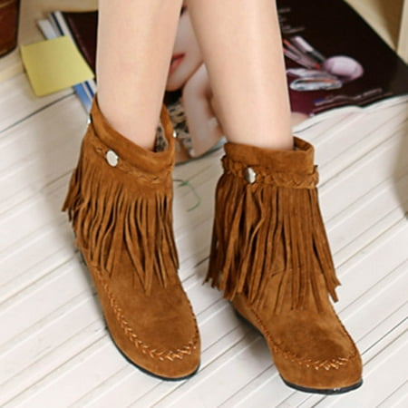 

LnjYIGJ Women s Low-Heeled Mid Calf Boots Women s Retro Shoes Casual Fashion Solid Color Fringed Frosted Suede Flat Inner Height Ankle Boots