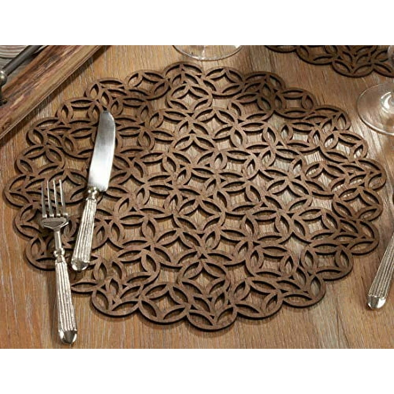 Teak Wood Placemats Set (2) Round Intricate Small Varied Patterns