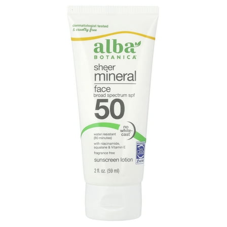 Alba Botanica Sheer Mineral Face Sunscreen Lotion, SPF 50, Fragrance Free, 2 fl oz (59 ml)