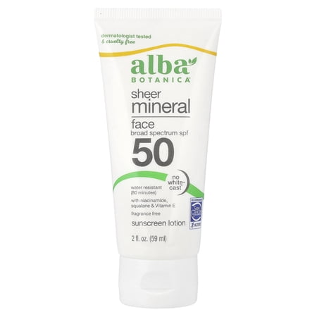 Alba Botanica Sheer Mineral Face Sunscreen Lotion  SPF 50  Fragrance Free  2 fl oz (59 ml)