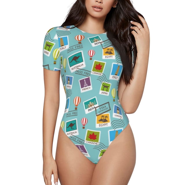 Saiise Grenouillère à Manches Courtes pour Femmes World Travel1 Motif, Pyjama à Col Rond, Justaucorps Extensible avec Fermeture à Boutons-Pression - XX-Grand