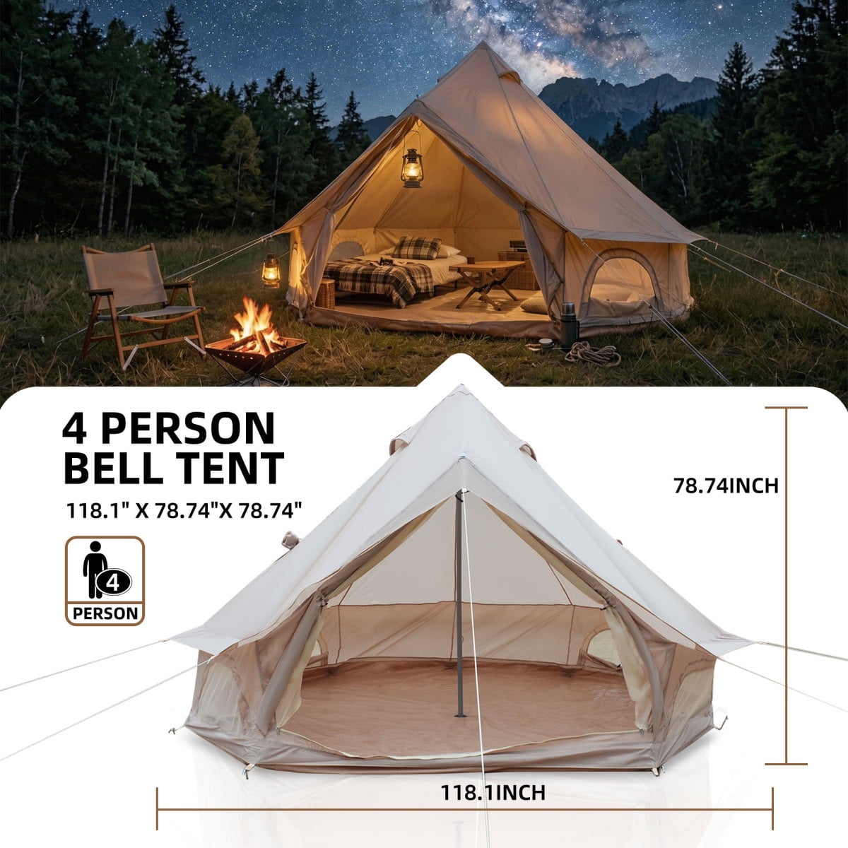 LuckyNote 4 Season Bell Tent 9.8 FT, Beige Waterproof Glamping Yurt Tent with Stove Jack, Fits 4 People Family Camping, Beige