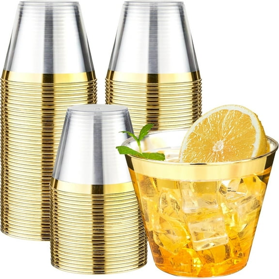 9 oz 100 Pack Clear Plastic Cups with Gold Rim, Disposable Gold Rim Clear Plastic Cups for Parties, Gatherings, Weddings, and Festival Events