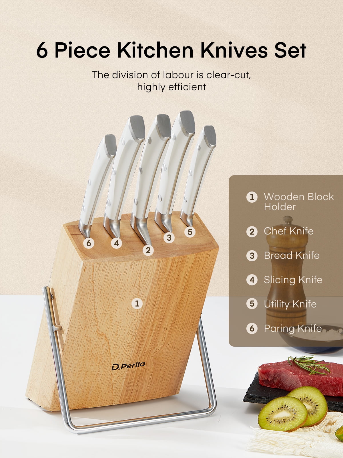 D.Perlla Kitchen Knife Set, 6 Pieces Hign Carbon Stainless Steel Small Kitchen Knives Set with Wooden Block, Cutlery Block Set