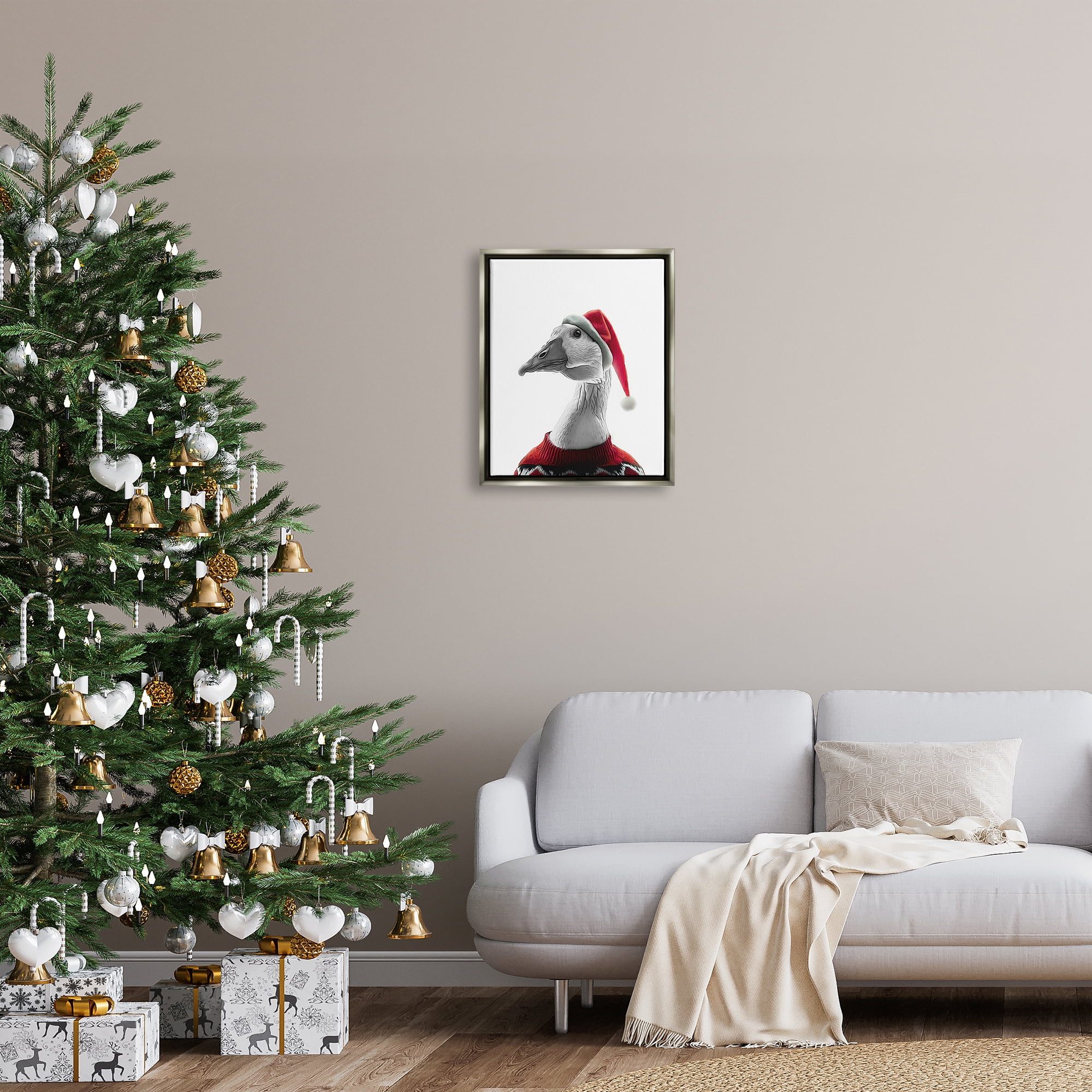 Stupell Industries Duck in Santa Hat Holiday Painting Gray Floater Framed Canvas Art Print Wall Art, 17 x 21