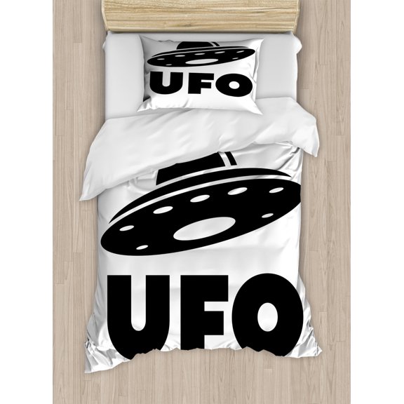 Alien Duvet Cover Set Twin Size, UFO Lettering Unidentified Flying Object Monochrome Simplistic Pattern, Decorative 2 Piece Bedding Set with 1 Pillow Sham, Charcoal Grey and White, by Ambesonne