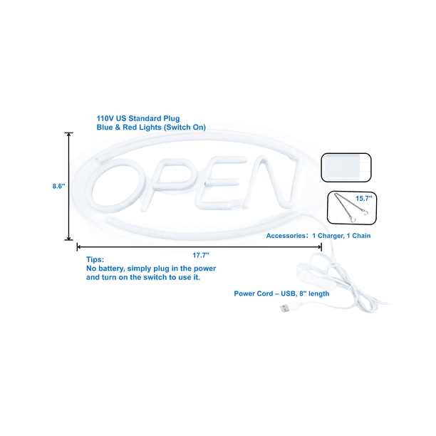 Pen+Gear Neon LED Open Sign, 17.7 x 8.7 in, Red and Blue Lights