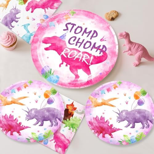 181pcs Pink Dinosaur Birthday Decorations Tableware Set, Watercolor Party Supplies with Banner Plates Cups Tablecloth for Girls Dinosaur Birthday Decorations, Serve 25