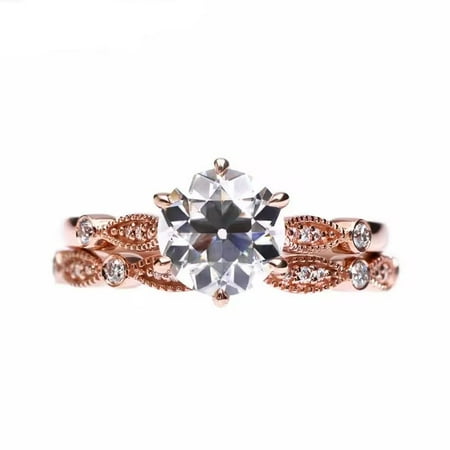 Elegant 7.0mm Round Lab-Created Moissanite & Diamond Sterling Silver Milgrain Wedding Engagement Ring Set - Brilliant Cut, Timeless Design, Perfect for Every Couple