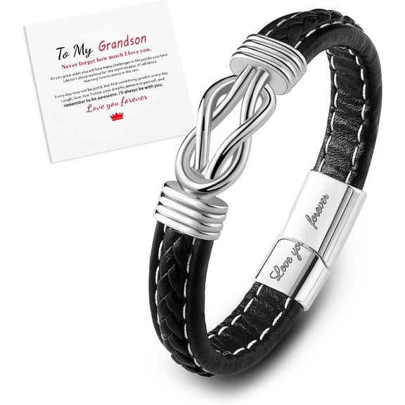 to My Grandson Leather Bracelet Love You Forever Leather Bracelet Black Inspirational Bangle Bracelet Graduation Birthday Gifts for Son Grandson