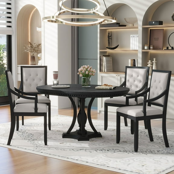 Prehome 5 Piece Round Dining Table Set, Dining Room Set with Extendable Table and 4 Upholstered Chairs, Wood Dining Table Set for 4, Farmhouse Dining Table Set for Kitchen Dining Room Apartment, Black