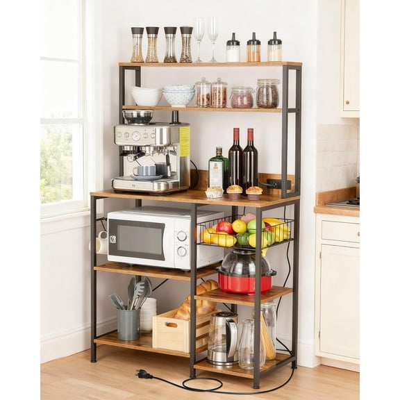 TROPOW Kitchen Bakers Rack with Power Outlet, 35 * 60inch Microwave Oven Stand with Storage 4 Tiers, Coffee Bar Table with 5 S Hooks, Kitchen Storage Shelf Rack for Spices, Pots,Brown