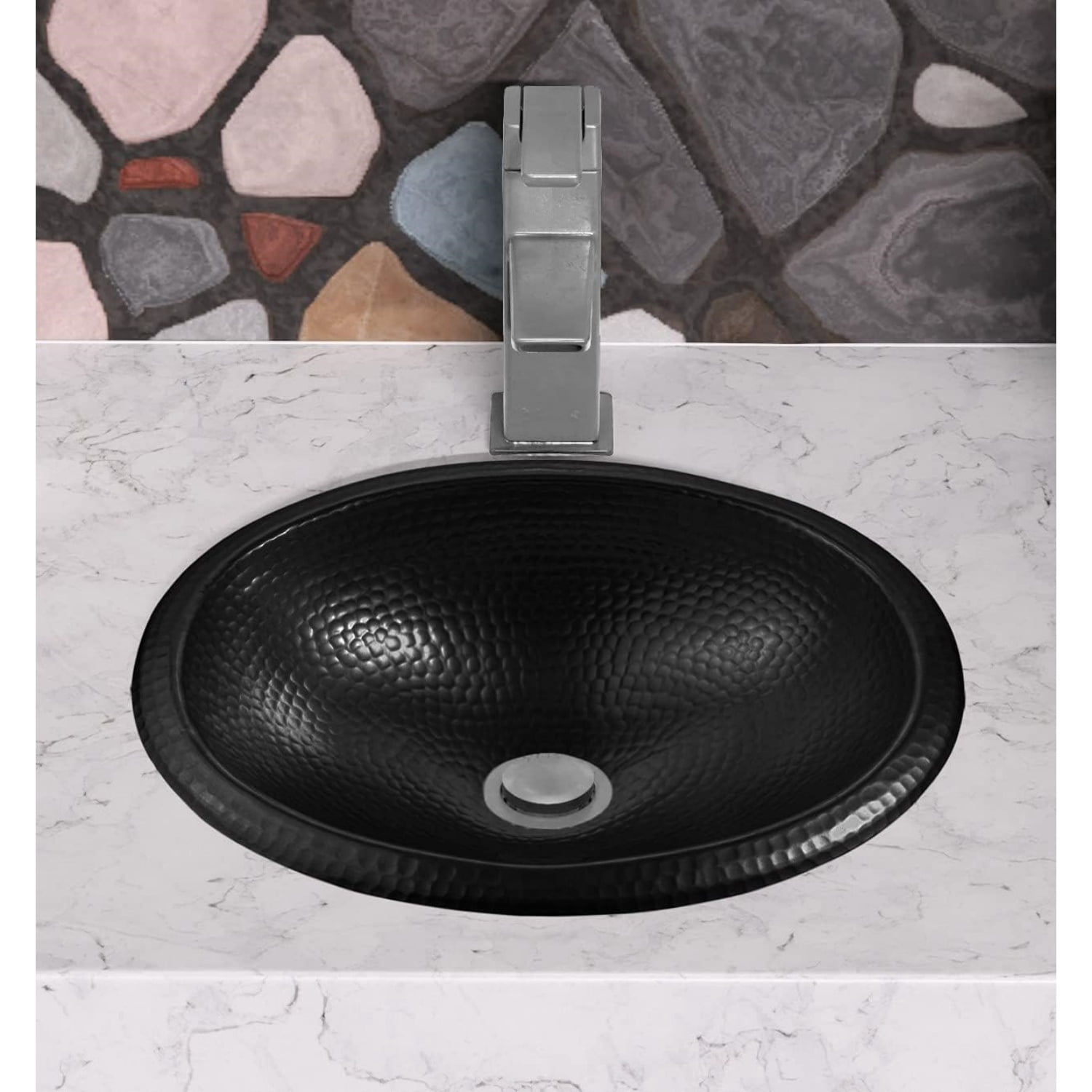 17-Inch Oval Drop In Bathroom Sink, Top Mount Hand Hammered Matte Black Vanity Sinks for Countertop, Powder Room, Guest Bath or Restroom, Drop in Sinks for Bathrooms