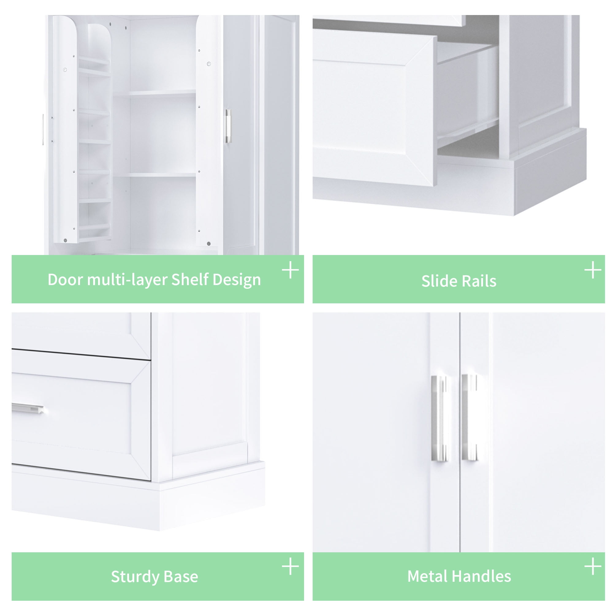 EUROCO 64" H Tall Bathroom Floor Storage Cabinet, Bathroom Storage Cabinet with 2 Drawers,2 Doors and Adjustable Shelves,Storage Cabinet  for Home, Kitchen, Versatile, Anti-Tipping, White