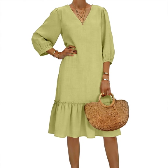 asdoklhq Spring Dresses Beach Dresses Women's Fashion Solid Color Loose V-neck Linen Dress Green 2X