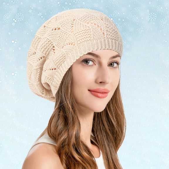 Soft Knit Airy Cutout Lightweight Slouchy Beret Hat Beige One Size