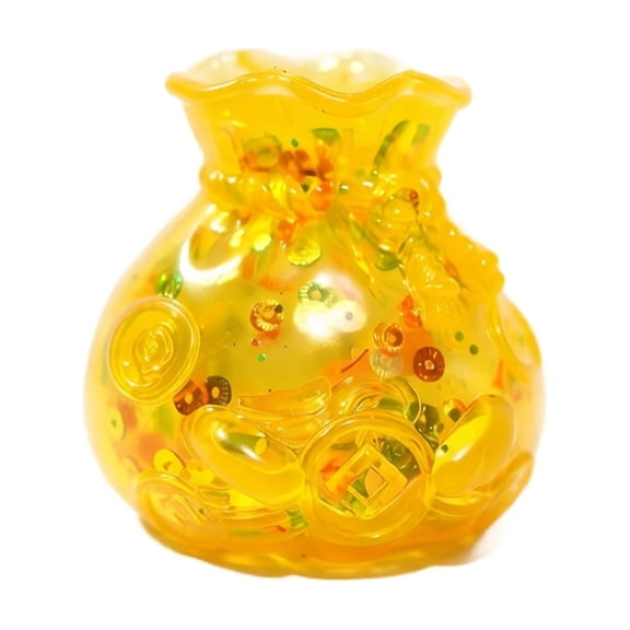 Yellow Money Bag Squishy Toy with Glitter and Gold Coin Design, Mini Size, Yellow and Gold, for Office Desk Decor and Relaxation, Sensory Squeeze Toy
