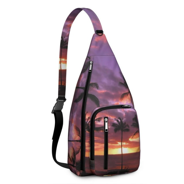 Palm Tree Paradise Sling Backpack - Vibrant Hawaiian Island Print, Fashionable Multi-Functional Daypack