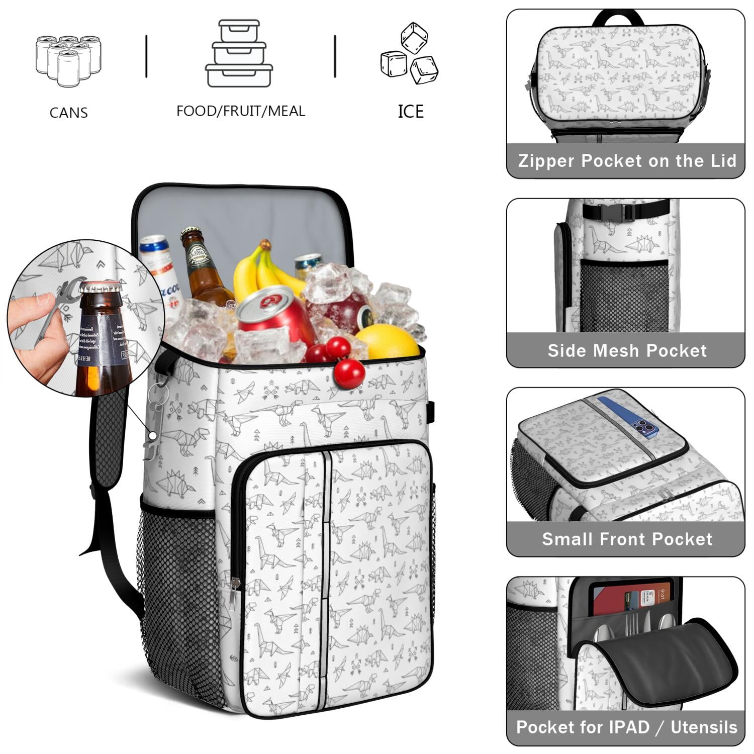 Travel Cooler Bag - BlackWhite Origami Dinosaurs Tribal Pattern Camping Beer Cooler Backpack with Bottle Opener- Waterproof Insulated Picnic Backpacks - Cooler Bag for Beach