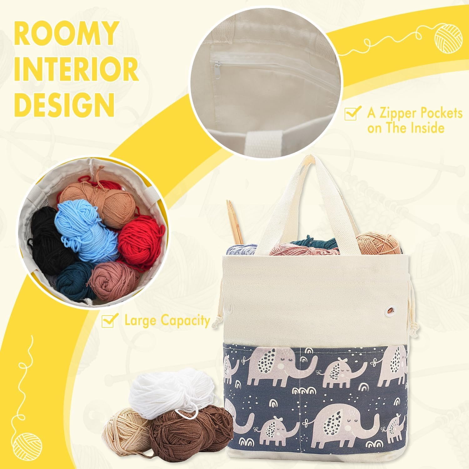 Crochet Bag, Handy Knitting Project Yarn Bag, Crochet Accessories Yarn Storage Organizer, Knitting Bags and Totes for Crocheting  The Go, 12x13x5'' (Gray Elephant, Small)