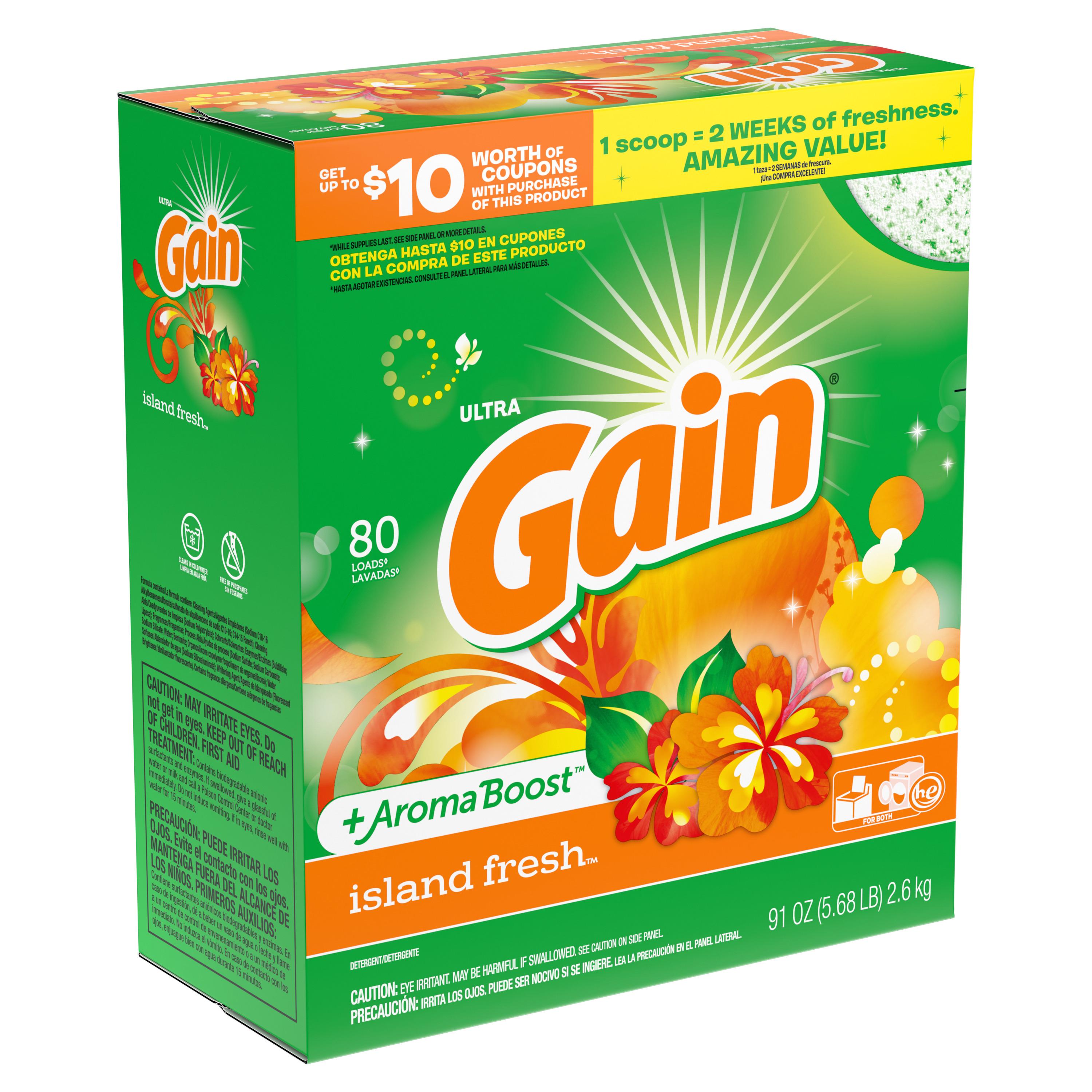Gain Powder Laundry Detergent, Island Fresh Scent, 91 oz, 89 Loads
