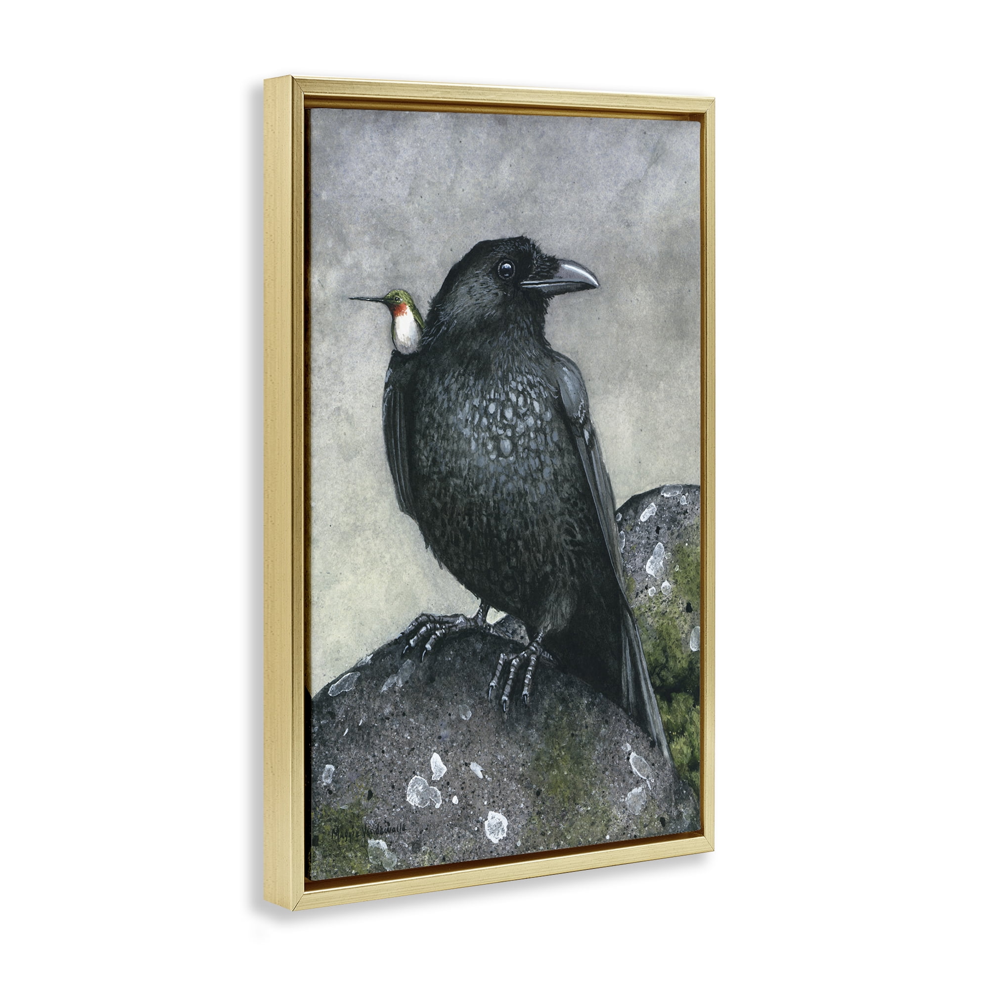 Stupell Industries Crow & Hummingbird Perched Animals & Insects Painting Gold Floater Framed Canvas Art Print Wall Art, 21 x 31