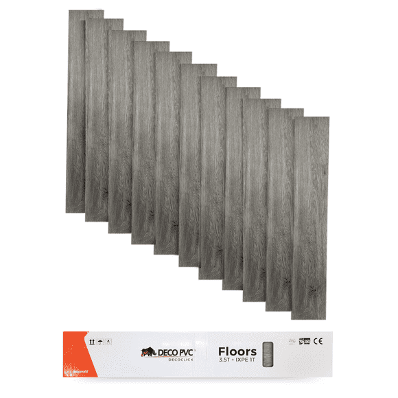PINO CENIZO Nuevo Piso vinilico sistema click SPC estilo madera, 11 piezas, 2.45m2, resistente al agua, alto transito