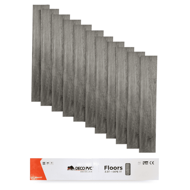 PINO CENIZO Nuevo Piso vinilico sistema click SPC estilo madera, 11 piezas, 2.45m2, resistente al agua, alto transito