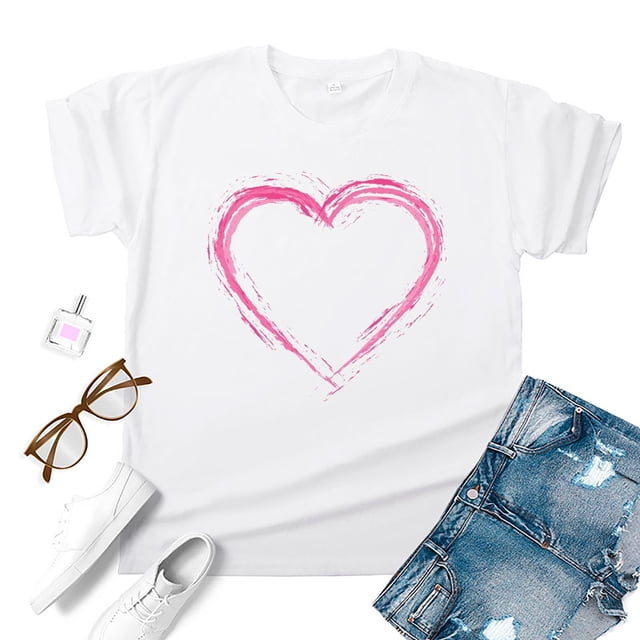 Meichang Mignons T-Shirts de la Saint-Valentin pour Femmes avec Cœur Graphique Manches Courtes Col Rond Cadeau de la Saint-Valentin T-Shirt Décontracté avec Cœurs