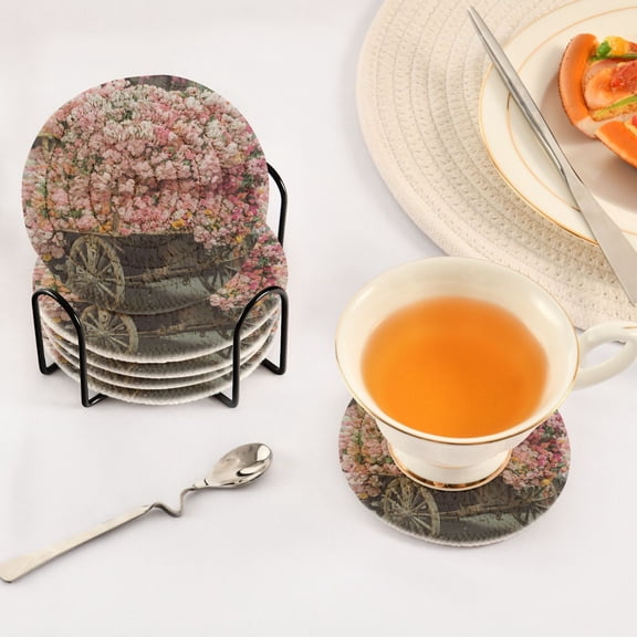 BZSMCE 6Pcs Drink Coasters With Holder 3.94Inch Flower Cart with Blossoms Creative Coil Coaster Coasters Colors Absorbent Coasters for Drinks Coasters Set Thicken Heat for Home Table