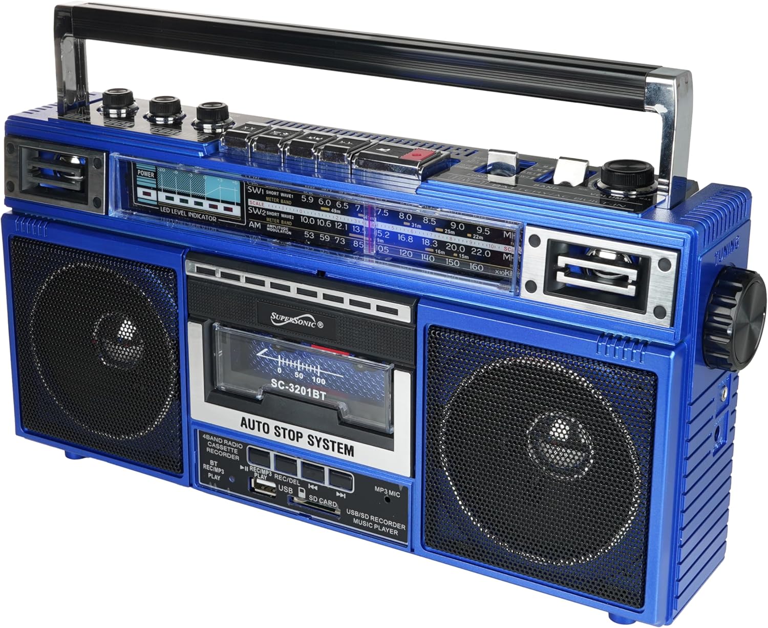Supersonic SC-3201BT 4 Band Radio & Cassette Player Boombox, Bluetooth Speaker, AM/FM/SW Radio with MP3 Playback