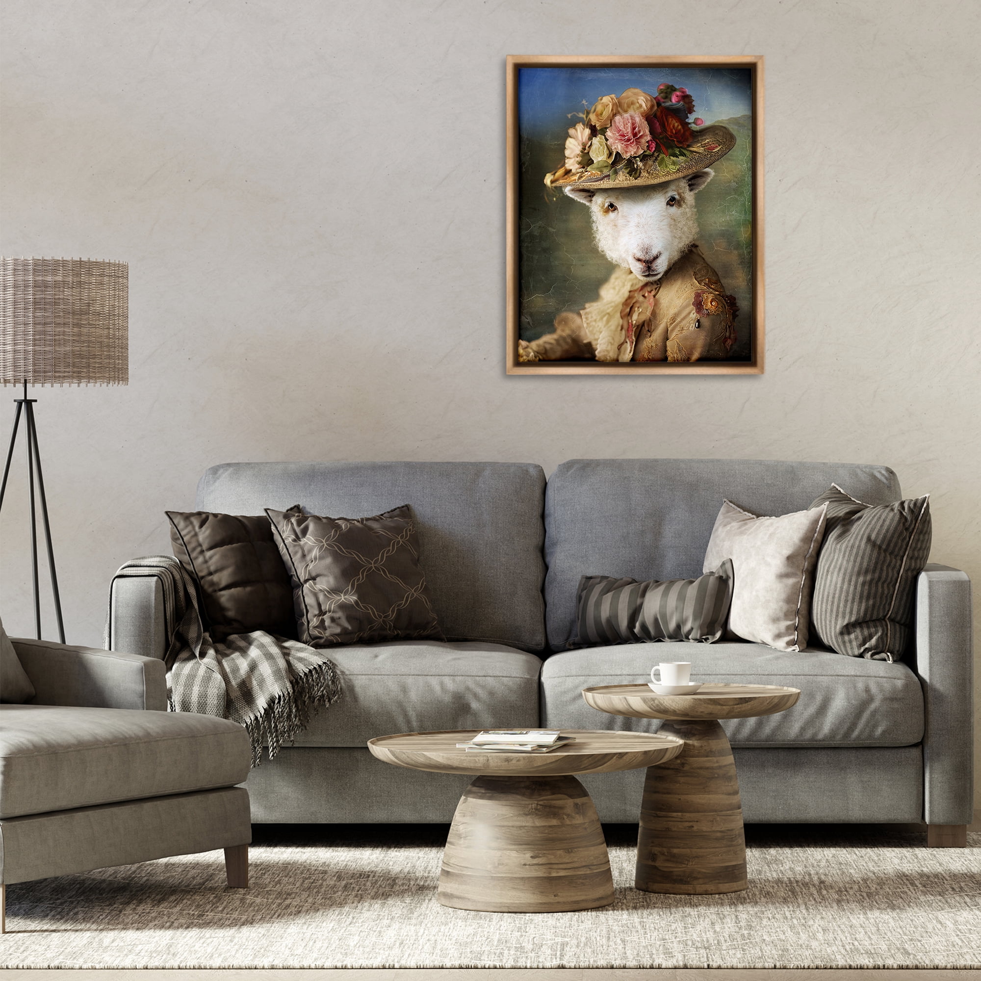 Stupell Industries Lamb with Floral Hat Animals & Insects Painting Brown Floater Framed Canvas Art Print Wall Art, 25 x 31