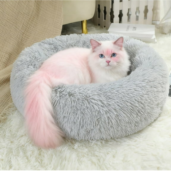 20-Inch Cat Bed for Indoor Cats, Small Dogs, Anti-Slip, Soft Plush Design, Washable Fluffy Faux Fur Round Pet Bed