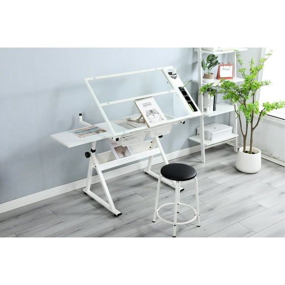 White Adjustable Drafting Table With Chair - Tempered Glass Top, 0-75 Degrees Angle, Feet, Storage For Artists' Tools Adjustable, 31.5"-49.5" Height Range, Steel Frame, -scratch, Artists