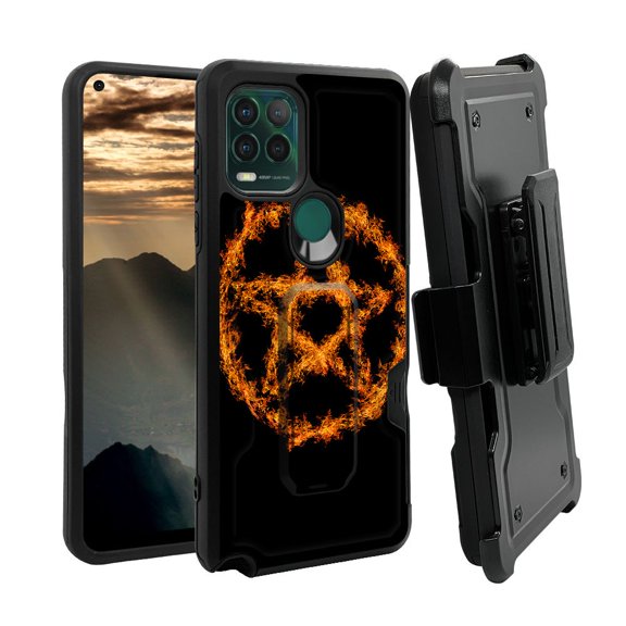 ANJ  Rugged Shockproof Holster Case w/Card Slot, Kickstand   Tempered Glass for Motorola Moto G Stylus 5G - Fiery Pentagram