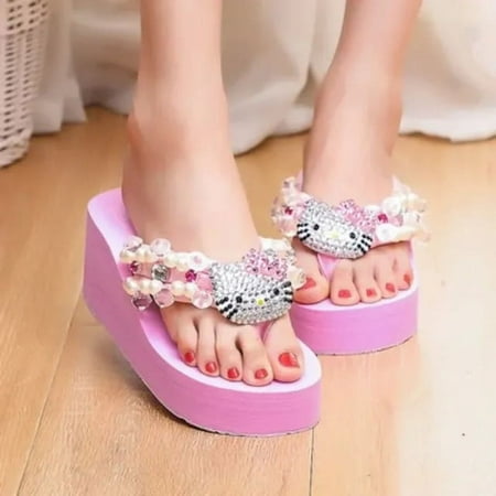 

Fashion Hello Kitty Rhinestones Jewels Pearl Beach Slippers Summer Sanrio Slippers Flip-flops for Women Platform Slippers 41 42