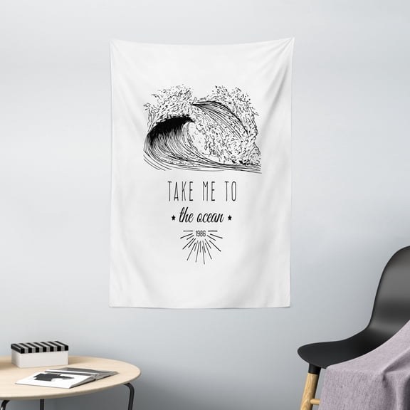 Beach Saying Tapestry, Take Me To the Ocean 1986 Lettering Minimalist Illustration of Surf Waves, Wall Hanging for Bedroom Living Room Dorm Decor, 40W X 60L Inches, Black and White, by Ambesonne