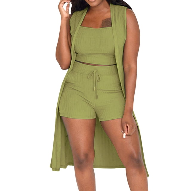 Conjunto de 3 piezas para mujer con chaleco sin mangas acanalado y pantalones cortos: conjunto informal elástico de color liso para salir de fiesta o para el día a día (tallas S-XXL)