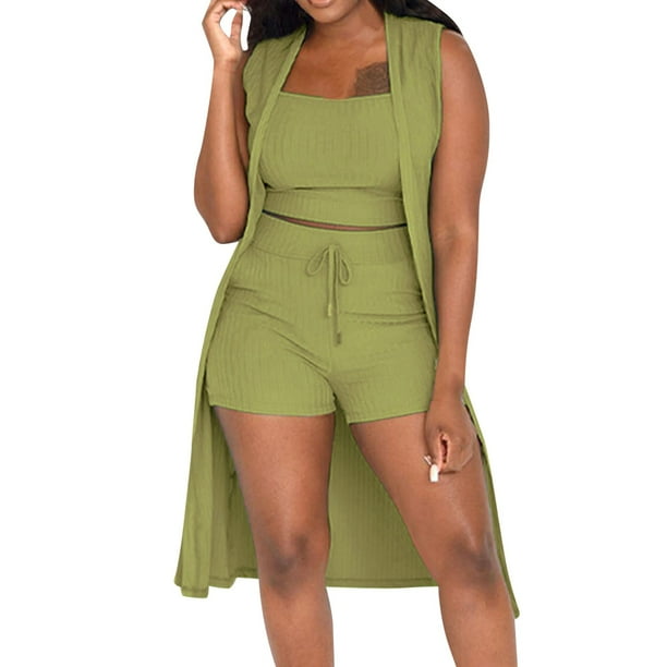 Conjunto de 3 piezas para mujer con chaleco sin mangas acanalado y pantalones cortos: conjunto informal elástico de color liso para salir de fiesta o para el día a día (tallas S-XXL)