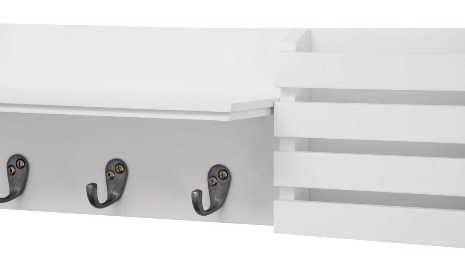 Kiera Grace Sydney Wall Shelf and Mail Holder with Three Hooks, 24"L x 4.5"D X 6"H, White