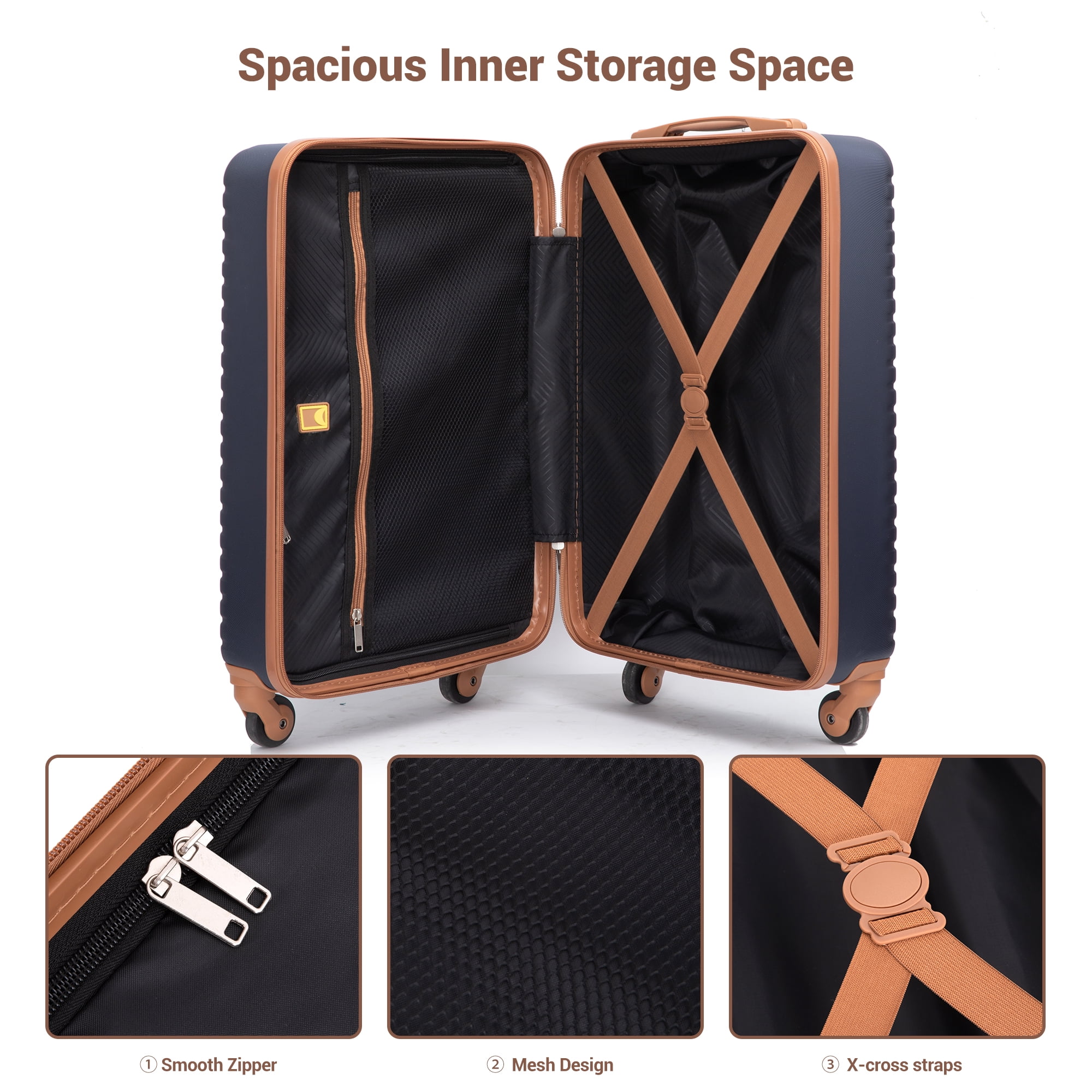 3 Piece Carry on Luggage Sets, Hardside Suitcase Set with Double Spinner Wheels, Expandable Travel Bag and Toiletry Bag, Blue