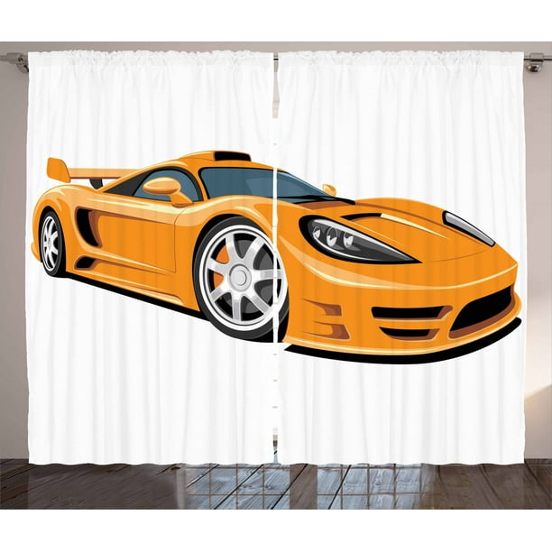 Cars Curtains 2 Panels Set, Orange Sports Car Fast Racing Roadster
